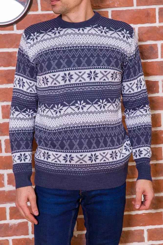 Купити Чоловічий светр з новорічним принтом, джинс, 161R776 - Фото №1