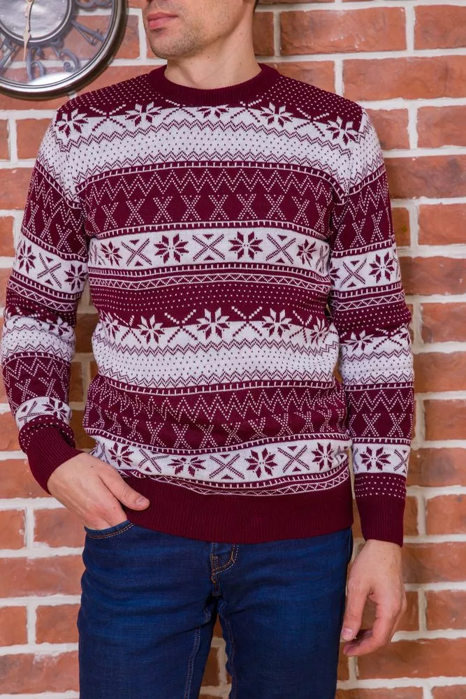 Купити Чоловічий светр з новорічним принтом, бордово-білий, 161R776 - Фото №1