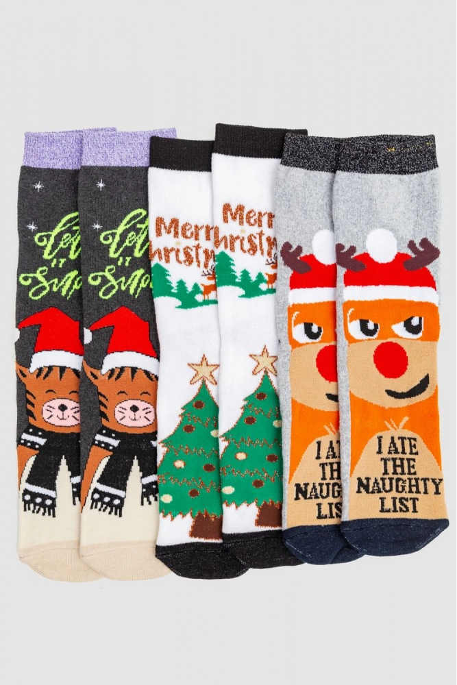 Купити Комплект жіночих шкарпеток новорічних 3 пари, колір світло-сірий, темно-сірий, білий, 151R251 оптом - Фото №1