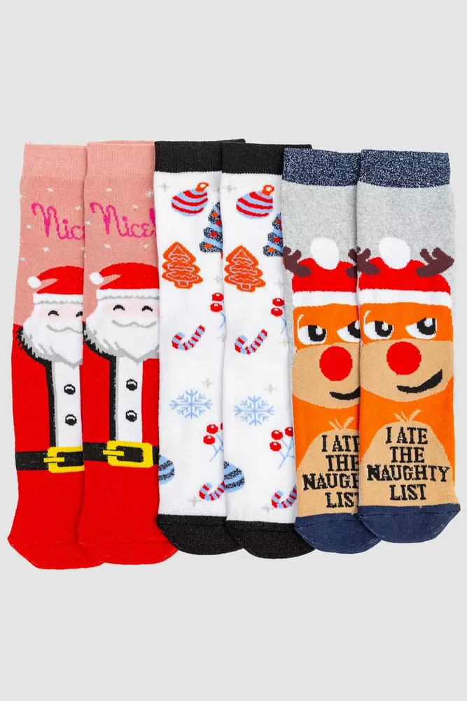 Купить Комплект женских носков новогодних 3 пары, цвет красный,белый,светло-серый, 151R263 - Фото №1