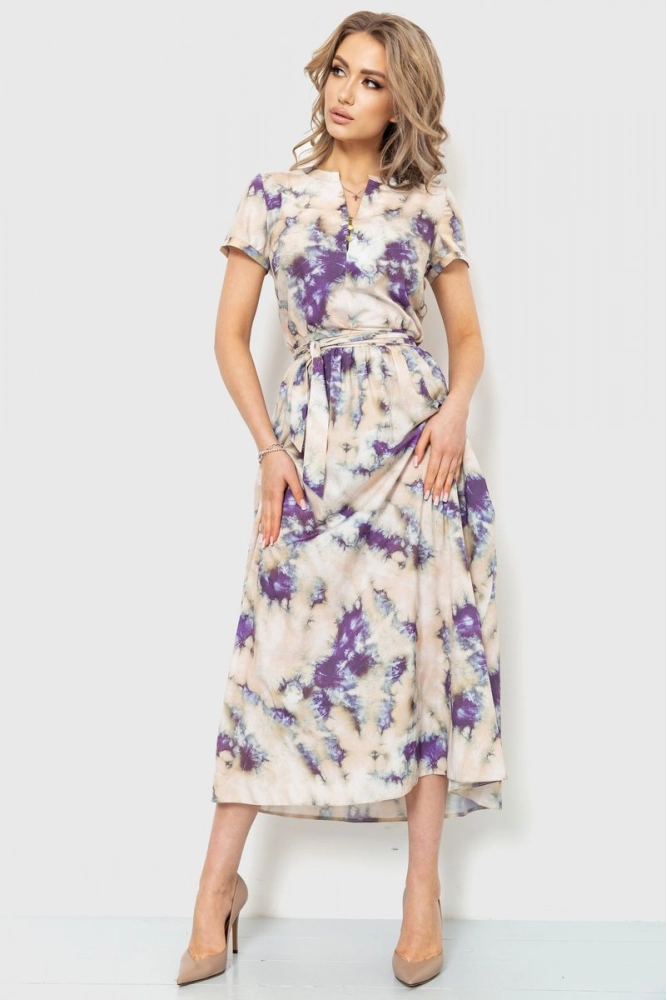 Купить Платье с цветочным принтом  -уценка, цвет бежево-фиолетовый, 230R006-1-U-1 - Фото №1