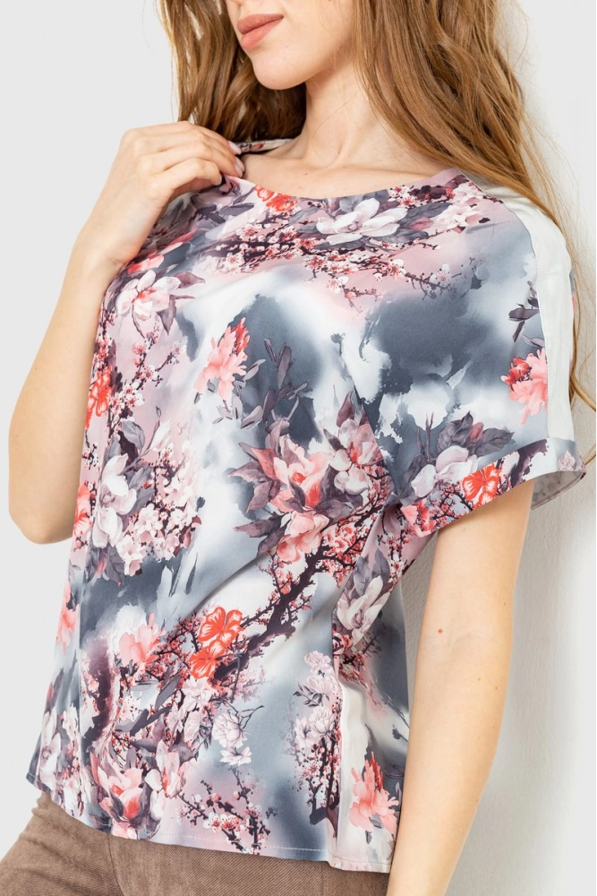Купити Блуза з квітковим принтом, колір сіро-кораловий, 230R101-4 - Фото №1