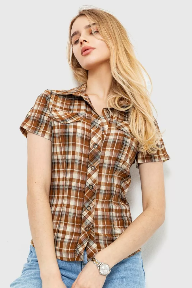 Купить Рубашка женская в клетку повседневная, цвет коричневый, 230R062 - Фото №1