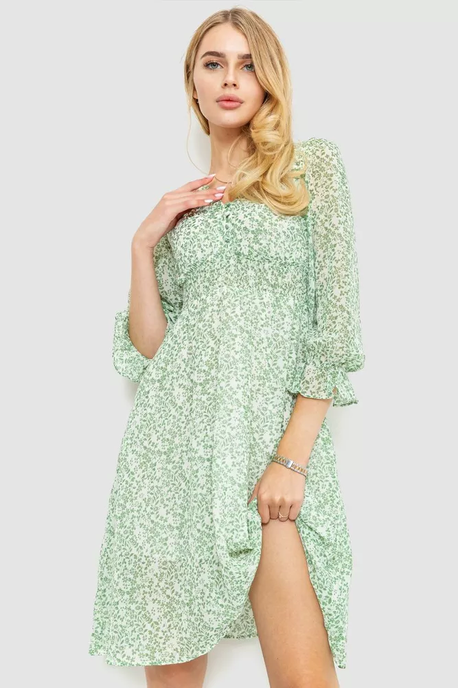 Купить Платье шифоновое с цветочным принтом, цвет молочно-зеленый, 214R6112-1 - Фото №1