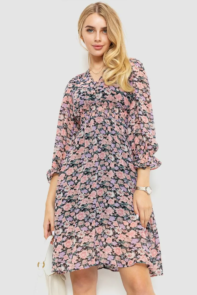 Купити Сукня шифонова з квітковим принтом, колір рожево-чорний, 214R6112-1 оптом - Фото №1