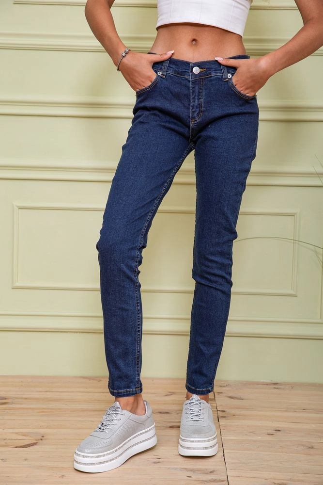 Купити Жіночі прямі джинси на середній посадці колір Темно-синій 117R5003-6 - Фото №1