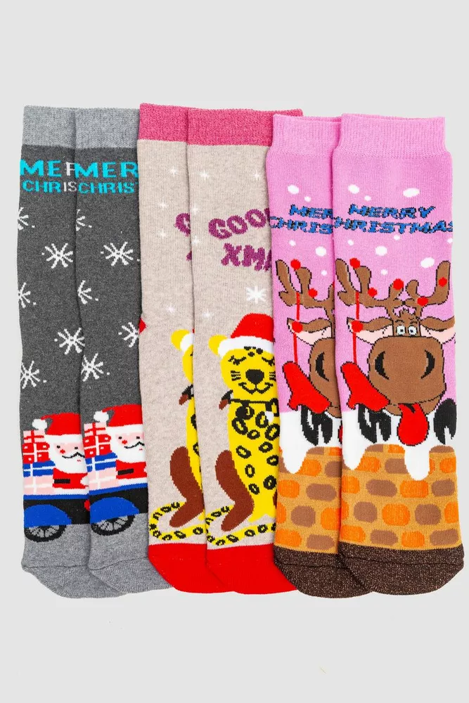 Купити Комплект жіночих шкарпеток новорічних 3 пари, колір рожевий, бежевий, темно-сірий, 151R256 - Фото №1