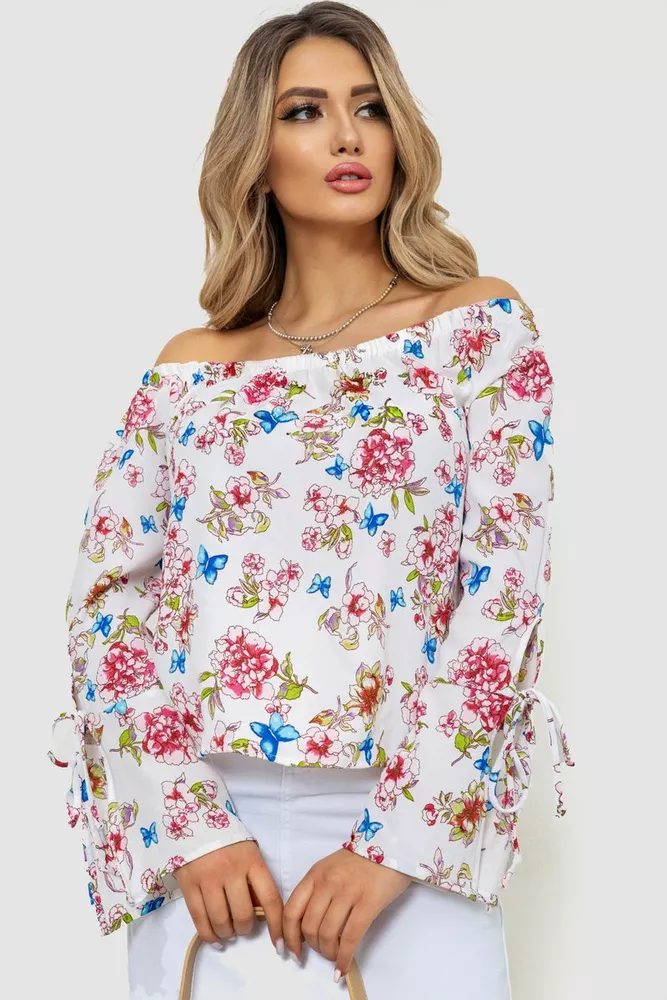 Купити Блуза з квітковим принтом, колір білий, 244R064 - Фото №1