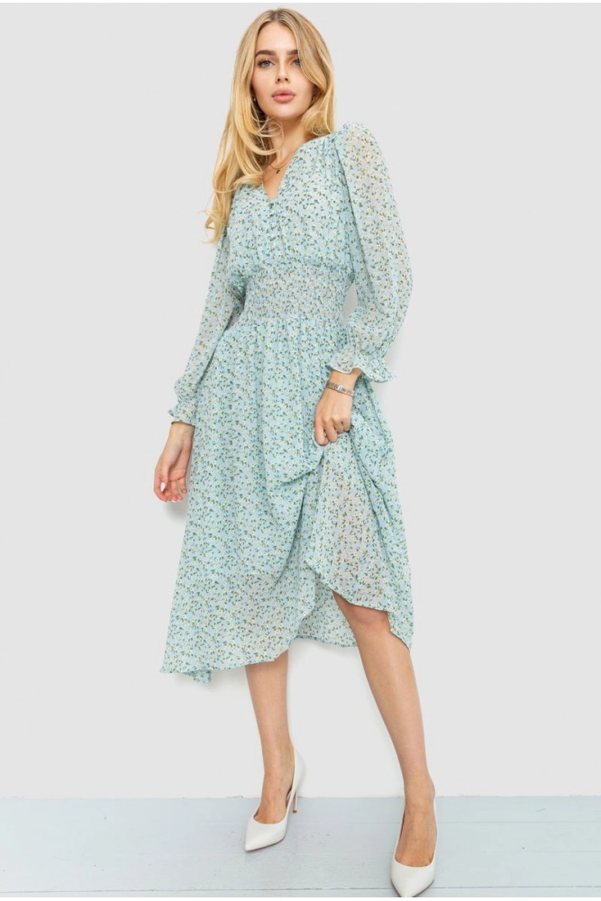 Купити Сукня шифонова з квітковим принтом, колір бірюзовий, 214R6112 - Фото №1