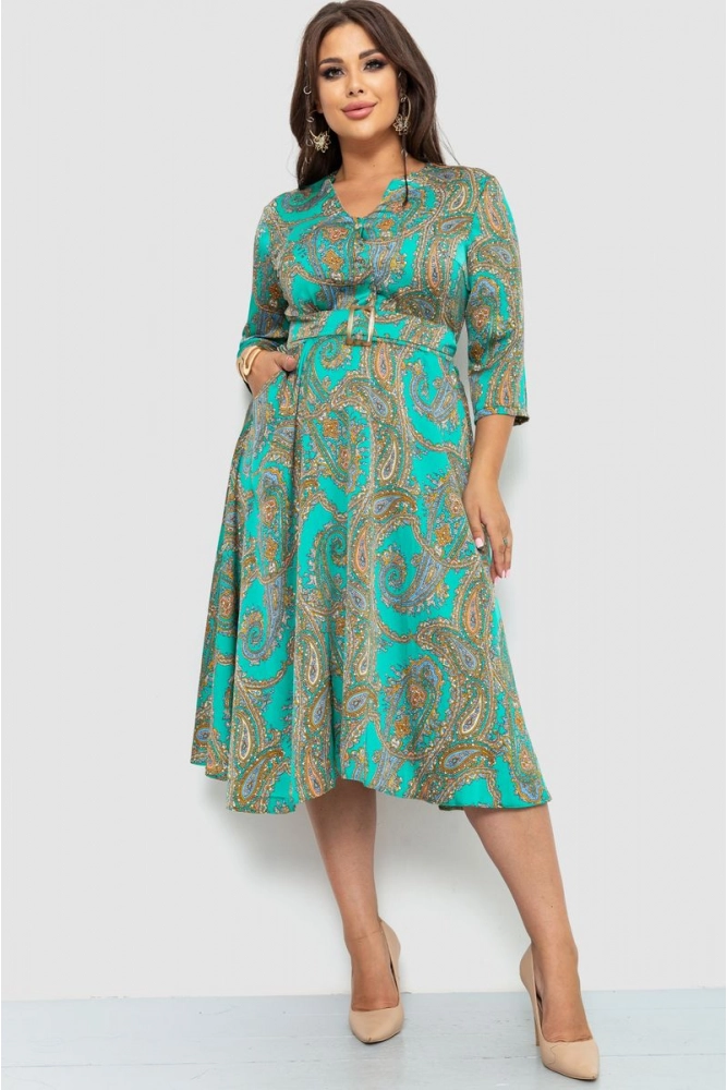 Купити Сукня з поясом батал, колір зелений, 230R032-8 - Фото №1