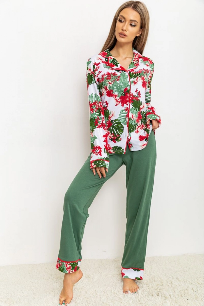 Купить Пижама женская на пуговицах, цвет бело-зеленый, 219RP-143 - Фото №1