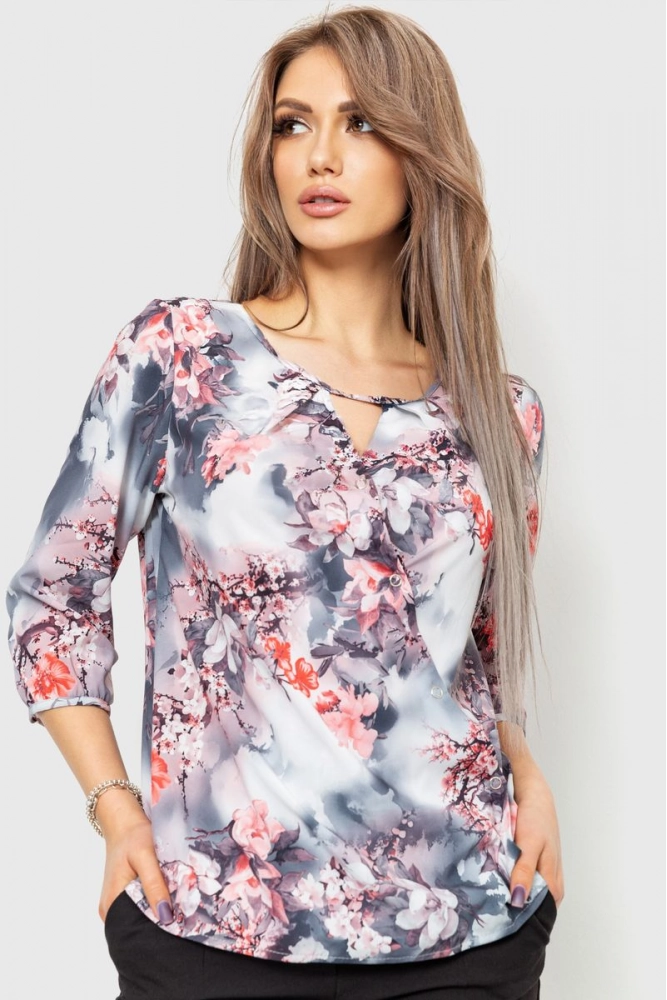 Купить Блуза с цветочным принтом, цвет серо-розовый, 230R90-2 оптом - Фото №1