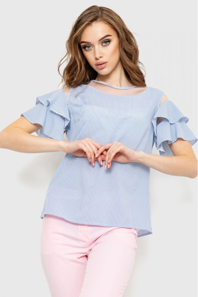 Купити Блуза в смужку, колір біло-блакитний, 230R151-5 оптом - Фото №1