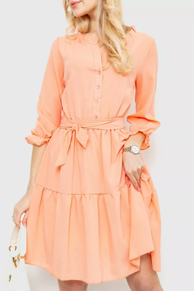 Купити Сукня однотонна з поясом, колір персиковий, 230R023 оптом - Фото №1