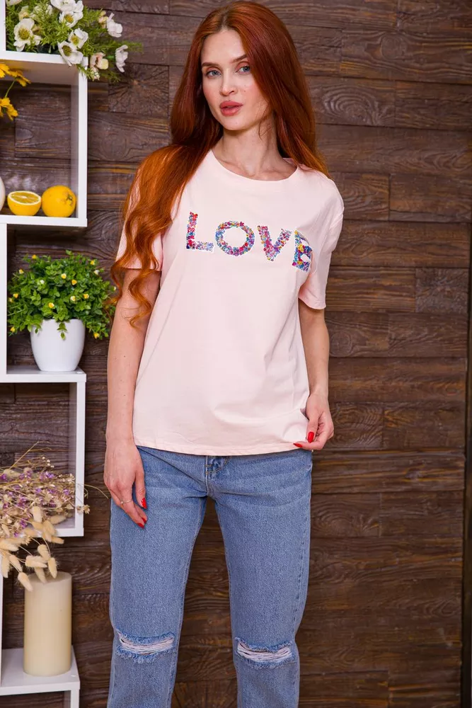 Купити Вільна жіноча футболка персикового кольору з принтом 198R019 - Фото №1