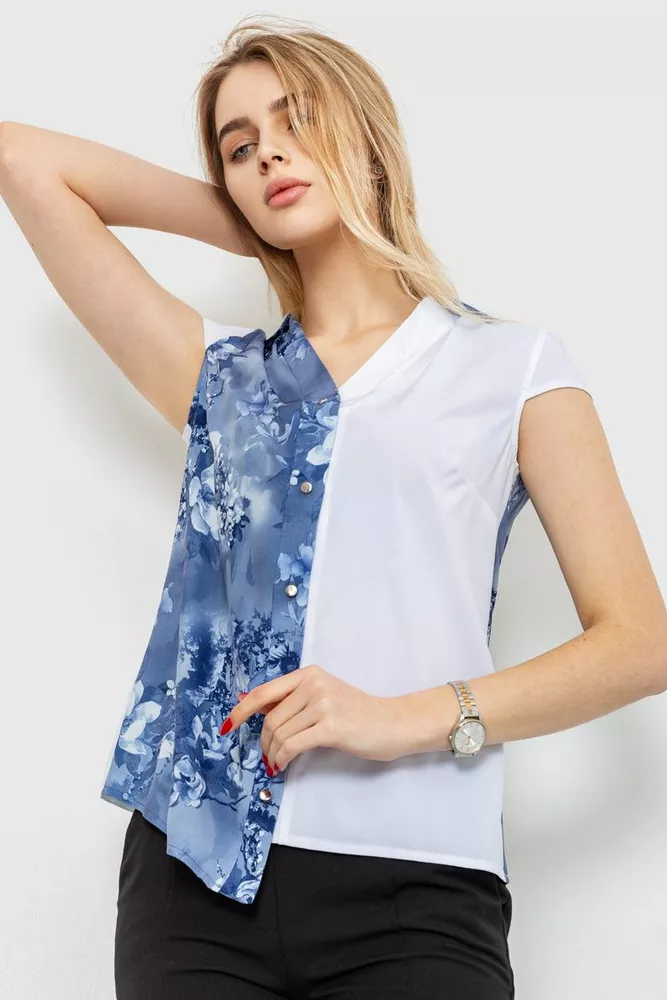 Купить Блуза с цветоным принтом, цвет сине-белый, 230R99-5 оптом - Фото №1