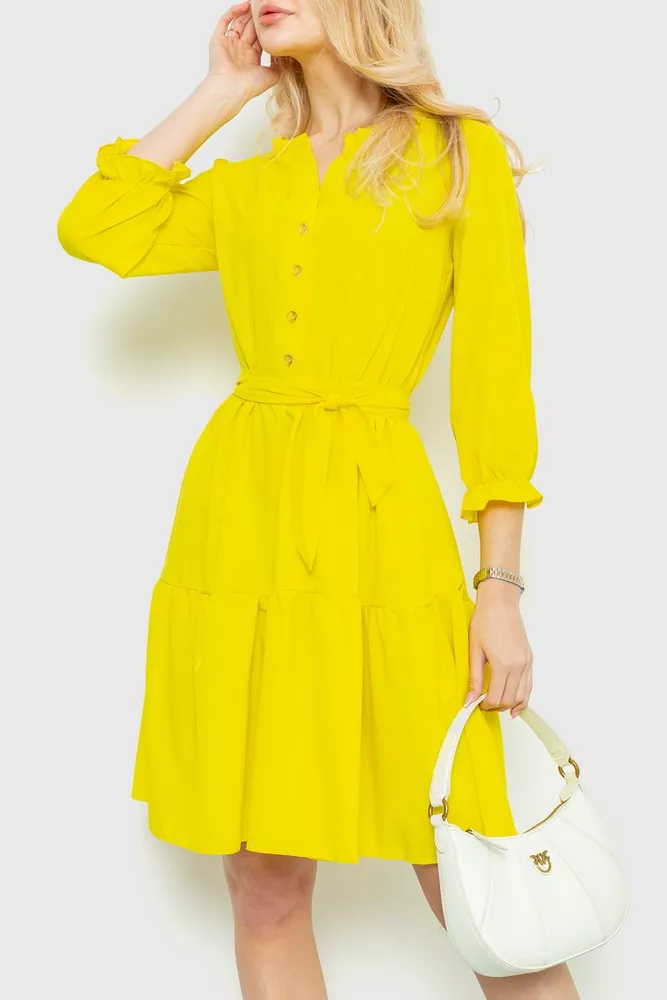 Купити Сукня однотонна з поясом, колір жовтий, 230R023 - Фото №1