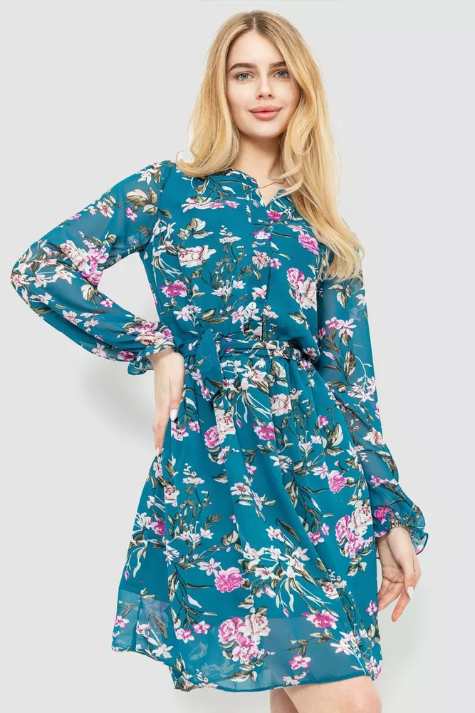 Купити Сукня з квітковим принтом, колір смарагдовий, 230R007-12 - Фото №1
