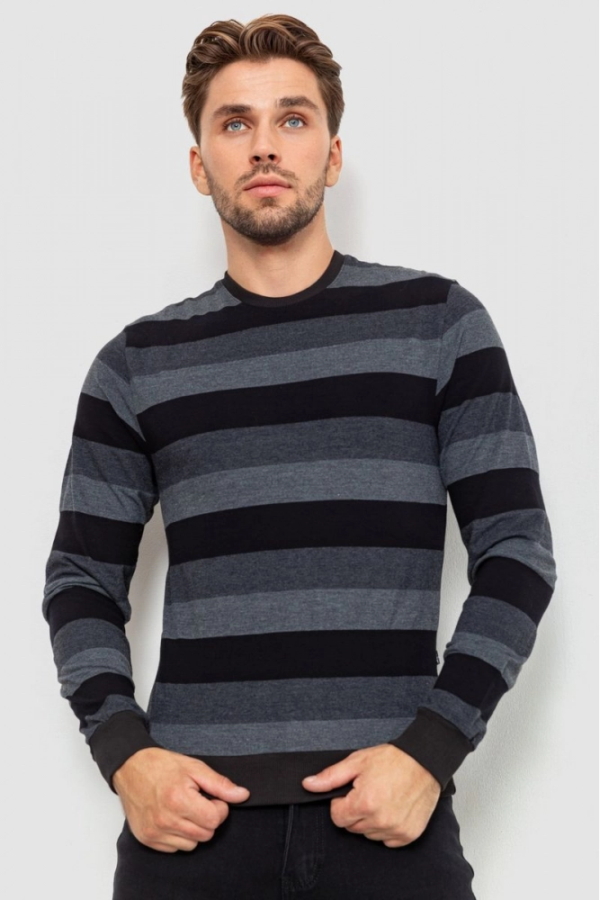 Купити Пуловер  чоловічий в смужку, колір чорно-сірий, 235R21500 - Фото №1