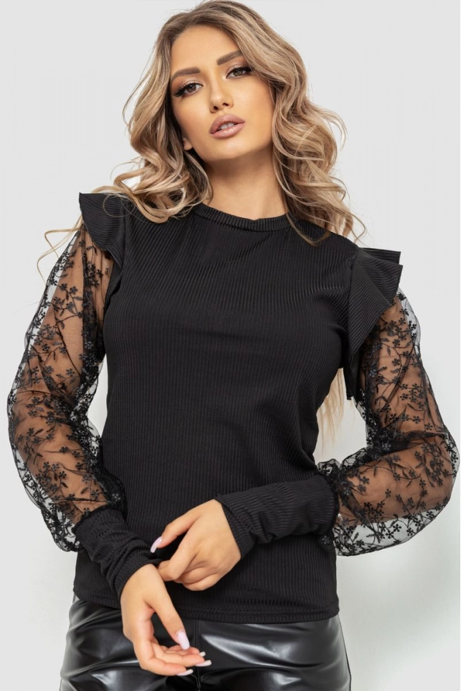 Купити Блуза жіноча в рубчик ошатна, колір чорний, 204R03 - Фото №1