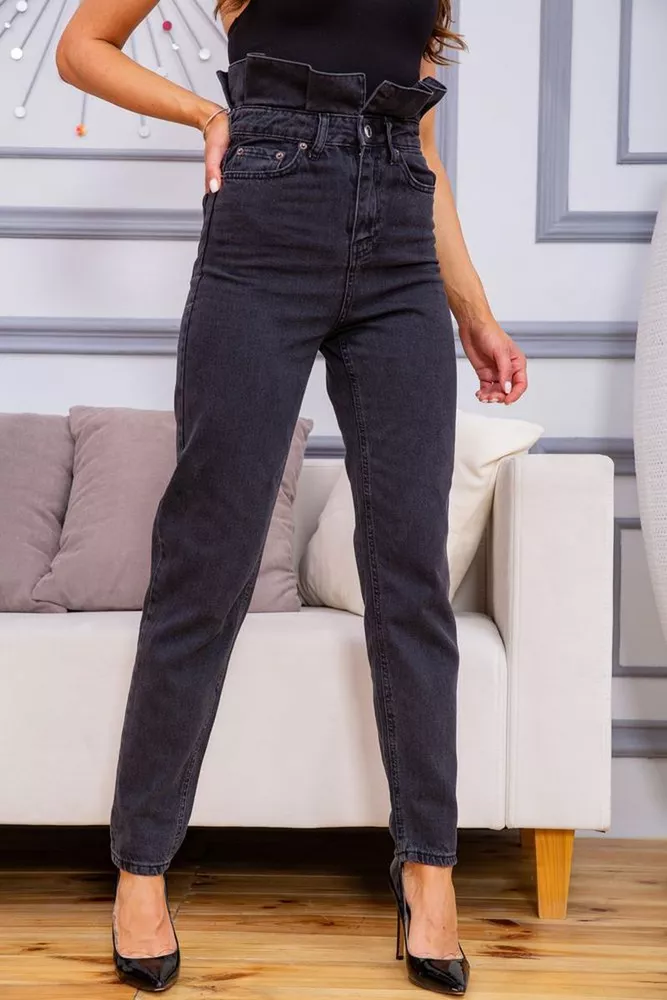 Купить Женские джинсы на высокой посадке, черного цвета, 157R33-64-018 - Фото №1