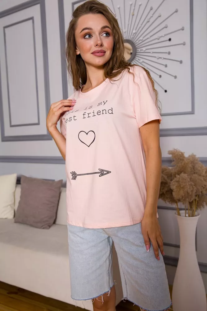 Купить Женская футболка, персикового цвета с надписью, 198R007 - Фото №1