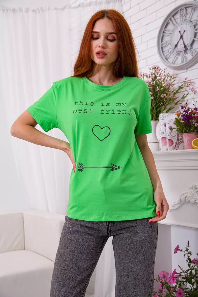 Купити Жіноча футболка, салатового кольору з написом, 198R007 - Фото №1
