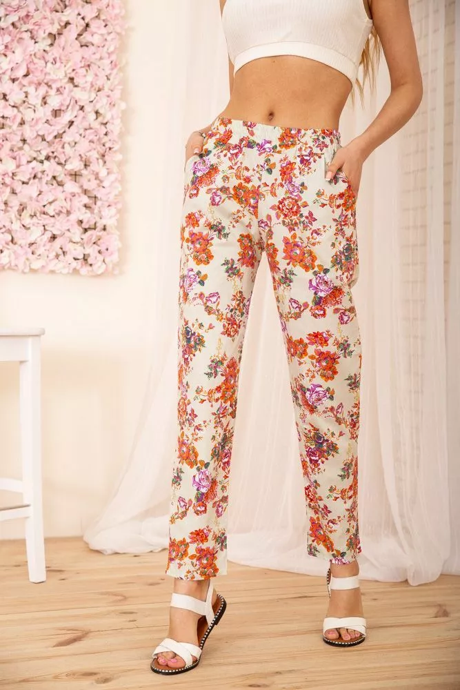 Купити Літні бавовняні штани, з квітковим принтом, колір Білий, 172R65-1 оптом - Фото №1
