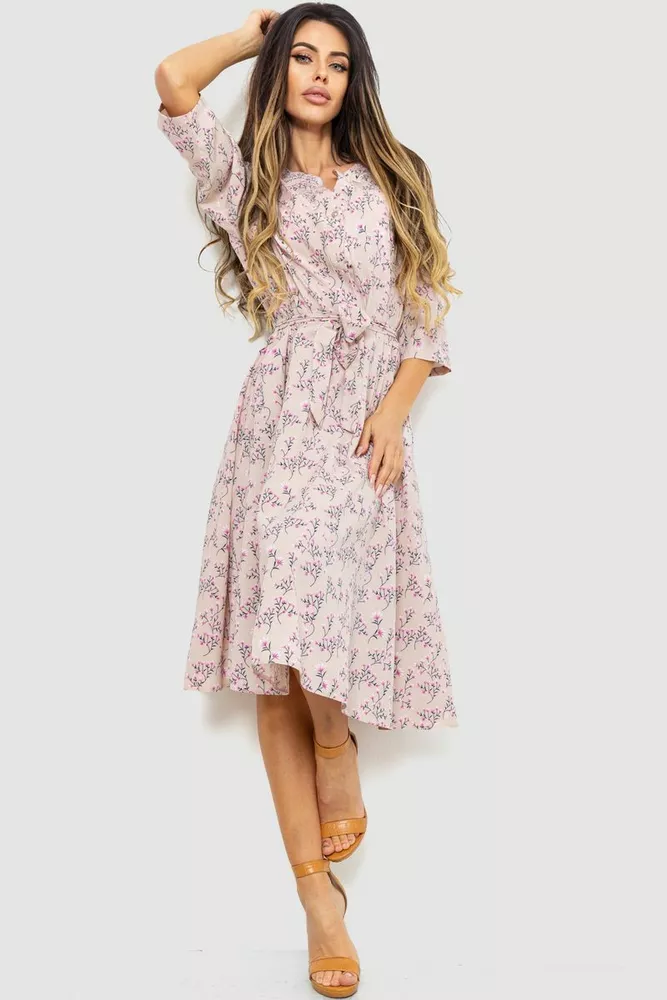 Купить Платье с цветочным принтом, цвет бежево-розовый, 230R1008 - Фото №1
