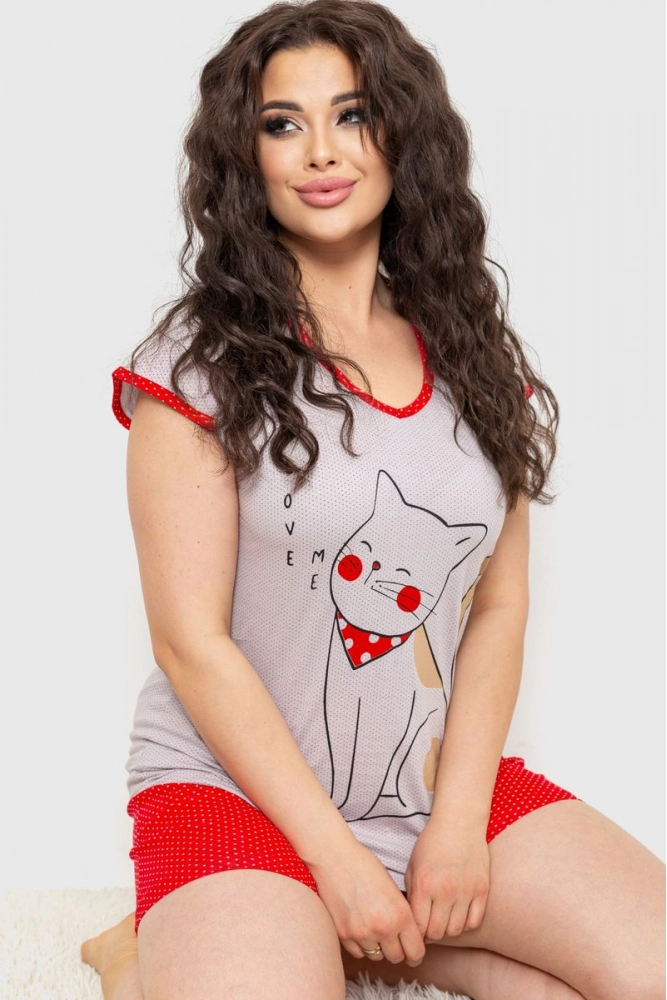 Купить Пижама женская с принтом, цвет серо-красный, 231R4428 - Фото №1