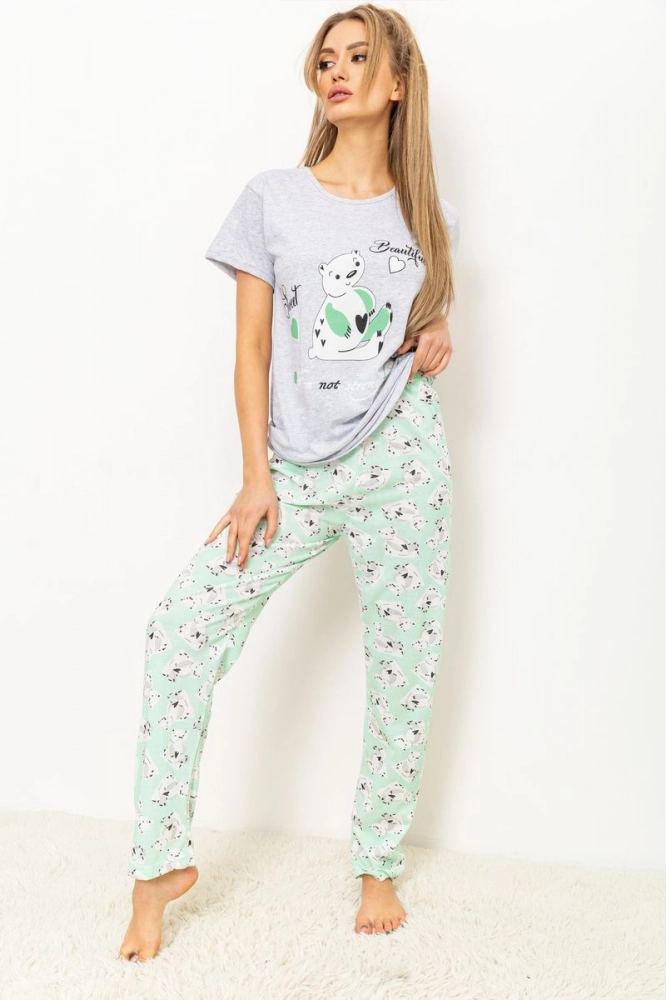 Купити Жіноча піжама з принтом, колір сіро-зелений, 224R3701 оптом - Фото №1