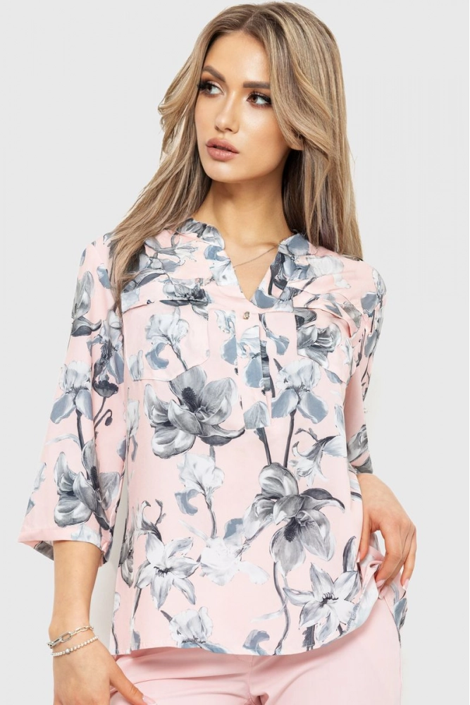 Купити Блуза з квітковим принтом, колір пудрово-сірий, 230R96-3 оптом - Фото №1