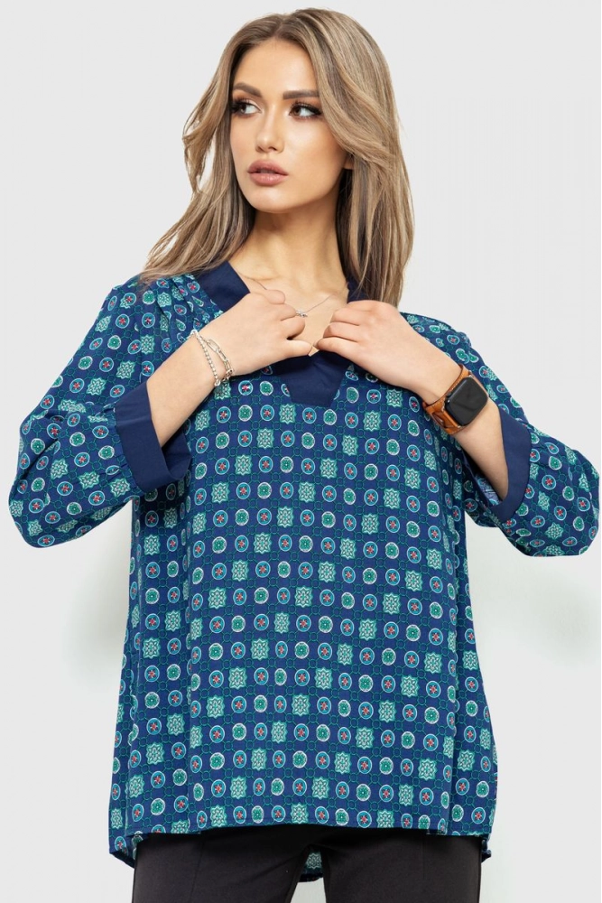 Купити Блуза з принтом, колір синьо-зелений, 230R95 - Фото №1