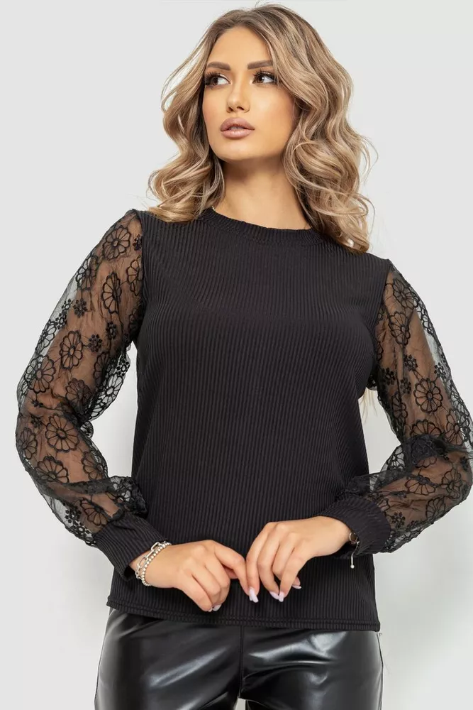 Купити Блуза жіноча ошатна в рубчик, колір чорний, 204R05 оптом - Фото №1