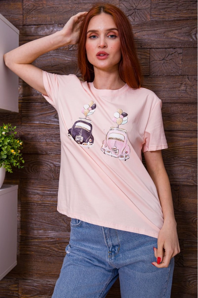 Купити Персикова жіноча футболка з принтом кежуал 198R017 - Фото №1