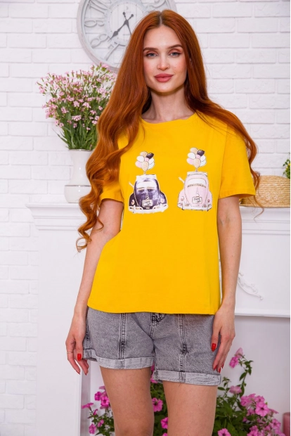 Гірчична жіноча футболка з принтом кежуал 198R017