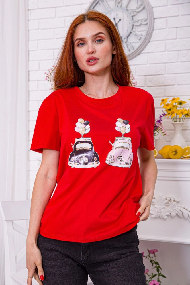 Купить Красная женская футболка с принтом кэжуал 198R017 оптом - Фото №1