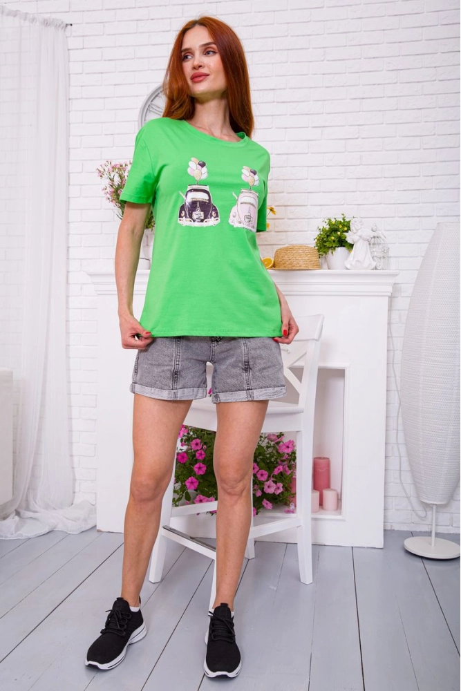 Купити Салатова жіноча футболка з принтом кежуал 198R017 оптом - Фото №1