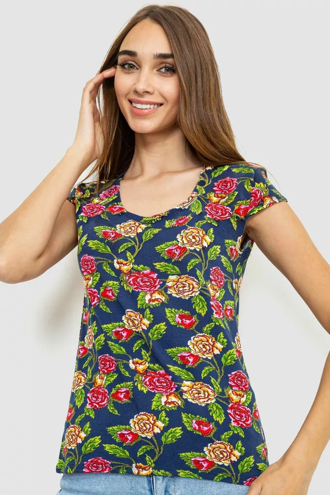 Купити Жіноча футболка з квітковим принтом, колір синьо-зелений, 186R122 оптом - Фото №1