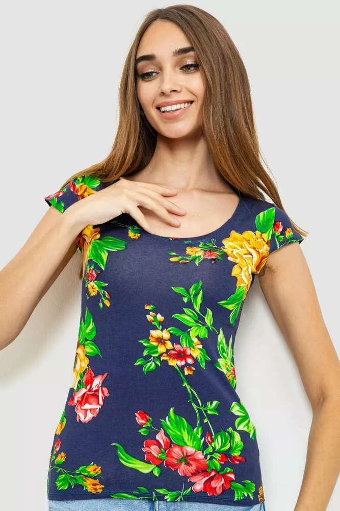 Купити Жіноча футболка з квітковим принтом, колір синьо-гірчичний, 186R122 оптом - Фото №1