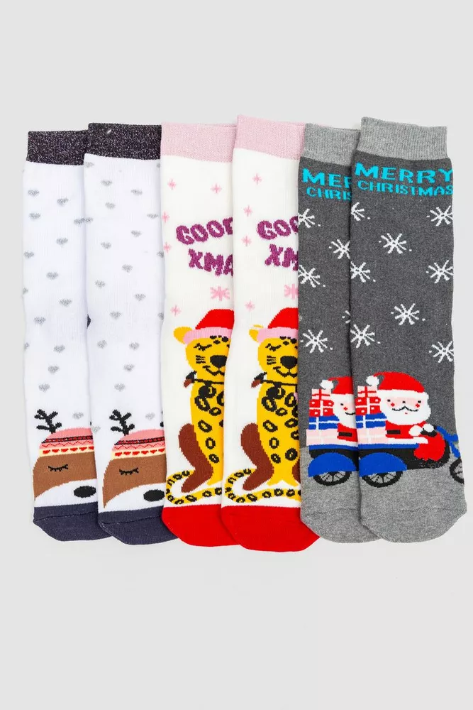 Купить Комплект женских новогодних носков 3 пары, цвет молочный,белый,серый, 151R264 - Фото №1