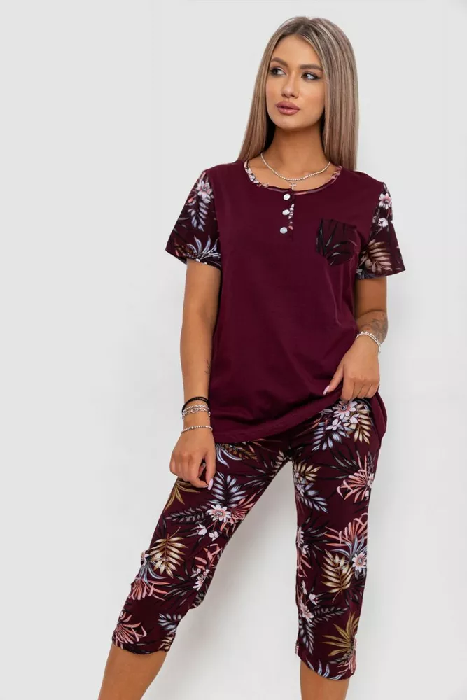Купити Жіноча піжама з принтом, колір бордовий, 219R135 - Фото №1