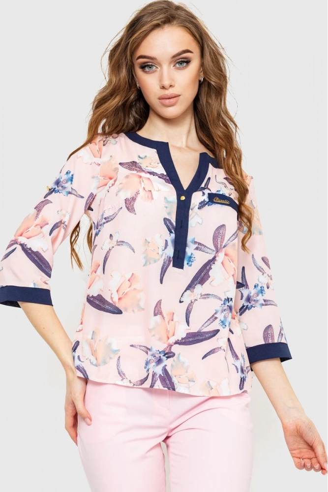 Купити Блуза квітковий принт, колір персиково-синій, 230R154-3 - Фото №1