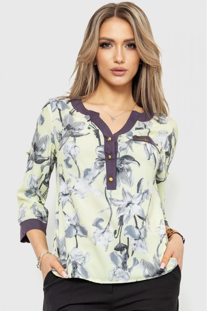 Купити Блуза квітковий принт, колір жовто-сірий, 230R154-3 - Фото №1