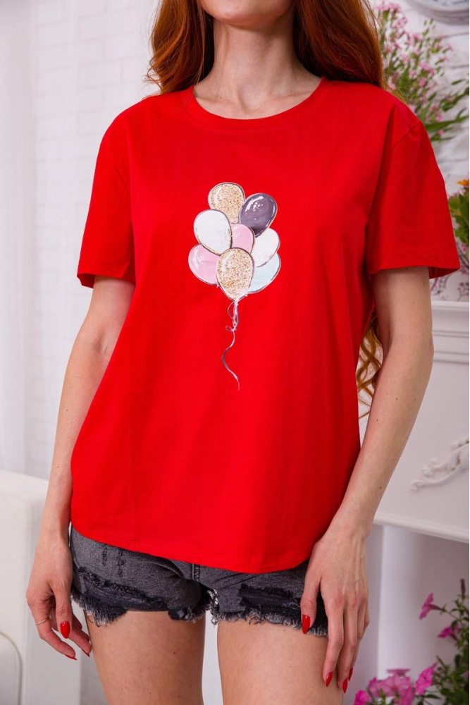 Купити Вільна жіноча футболка червоного кольору з принтом 198R010 оптом - Фото №1
