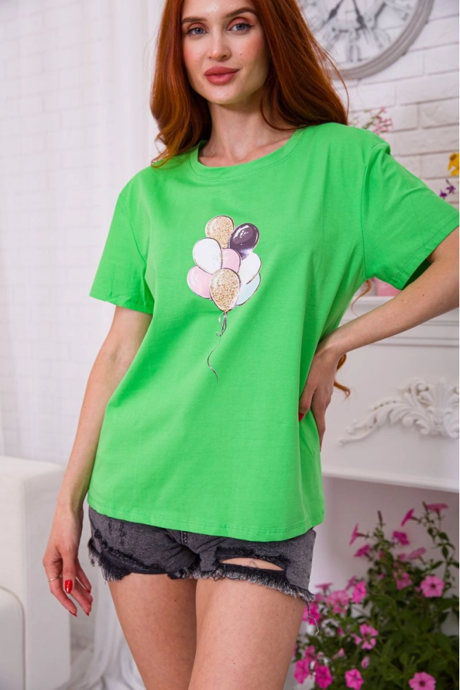 Купить Свободная женская футболка салатового цвета с принтом 198R010 - Фото №1