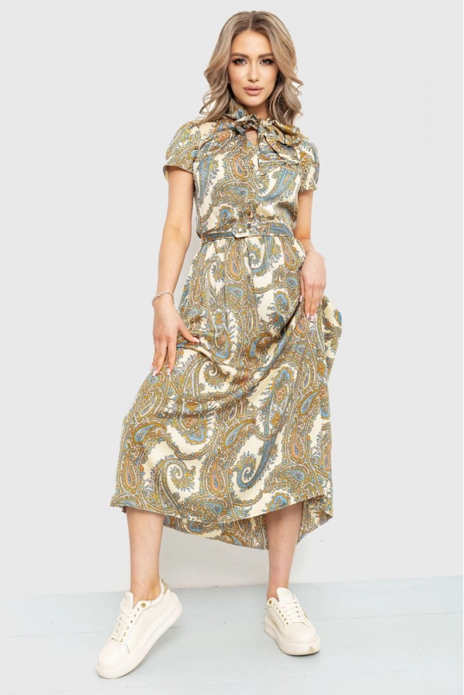 Купить Платье с поясом, цвет бежево-синий, 230R027-1 - Фото №1