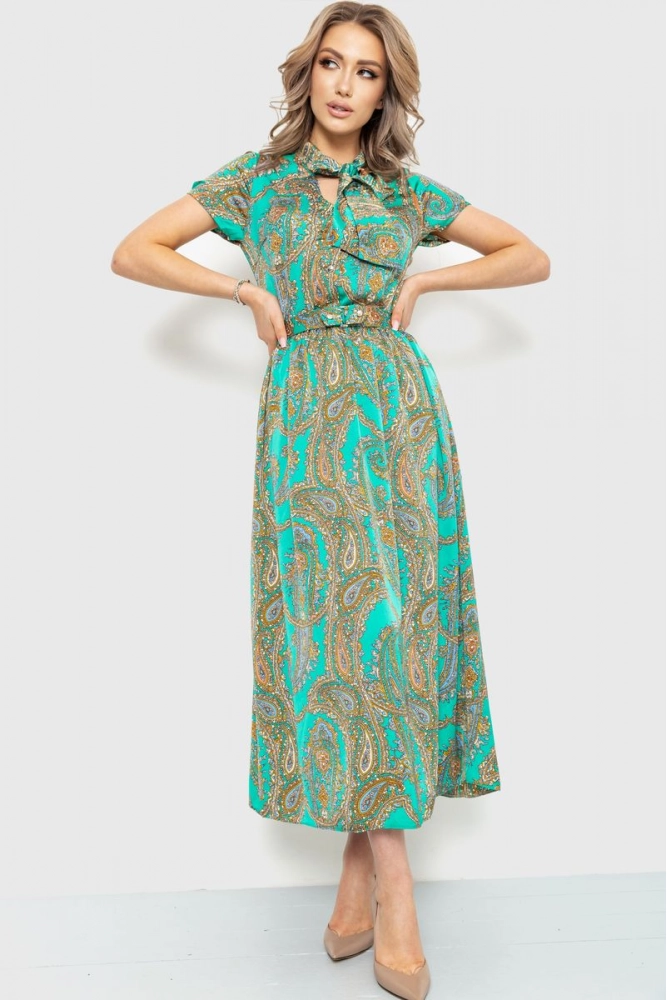 Купить Платье с поясом, цвет зеленый, 230R027-1 - Фото №1