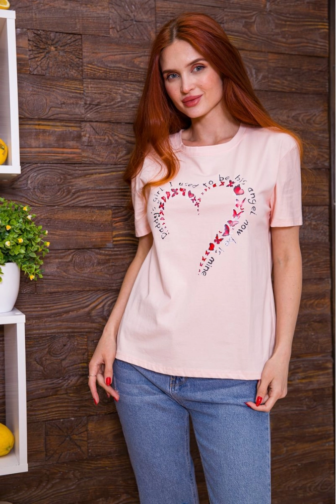 Купити Персикова жіноча футболка вільного крою з принтом 198R021 оптом - Фото №1
