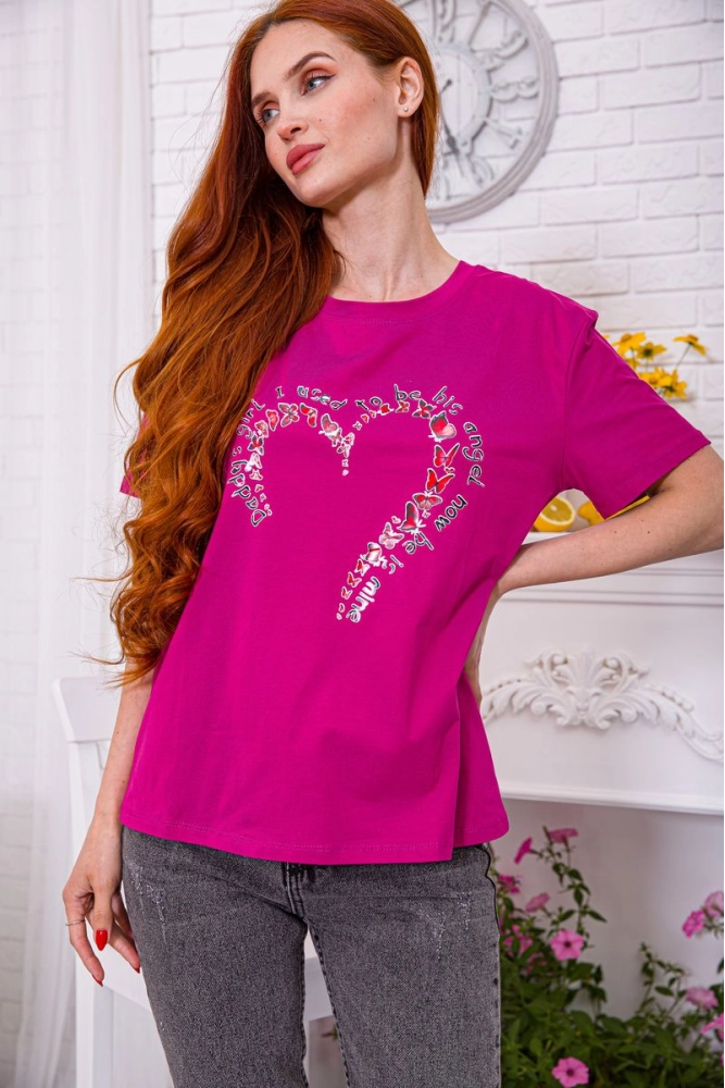 Купити Жіноча футболка кольору фуксії вільного крою з принтом 198R021 - Фото №1